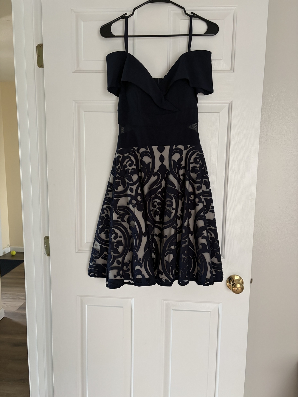 Xscape Black and Cream Off-Shoulder Fit & Flare Mini Dress